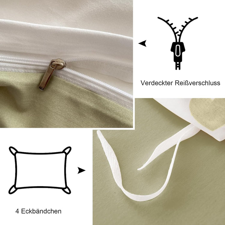 Freyamy Bettwäsche 135x200cm 2teilig Grün Weiss Herz Mädchen Bettwaren-Sets Romantisch Liebe Wendebe