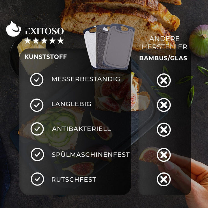 Exitoso Frühstücksbrettchen 6er Set Schneidebrett Marmoroptik Schwarz, rutschfest mit Saftrille und