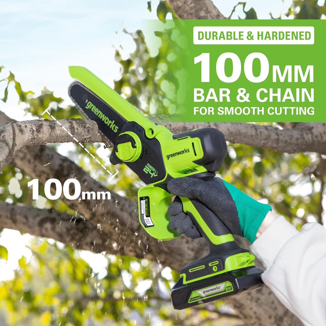 Greenworks 24V Mini-Kettensäge 4-Zoll (10 cm) kabellose Akku-Kettensäge ohne Akku und Ladegerät, 7,8