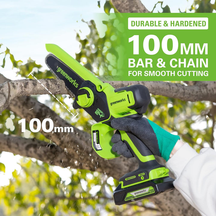 Greenworks 24V Mini-Kettensäge 4-Zoll (10 cm) kabellose Akku-Kettensäge ohne Akku und Ladegerät, 7,8