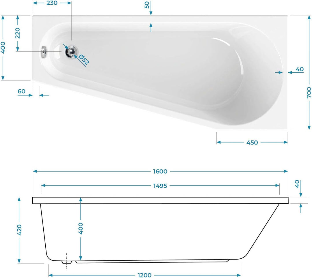Calmwaters® Raumsparende Eckbadewanne 160x70 cm, Acrylwanne Essential Small, platzsparende Badewanne