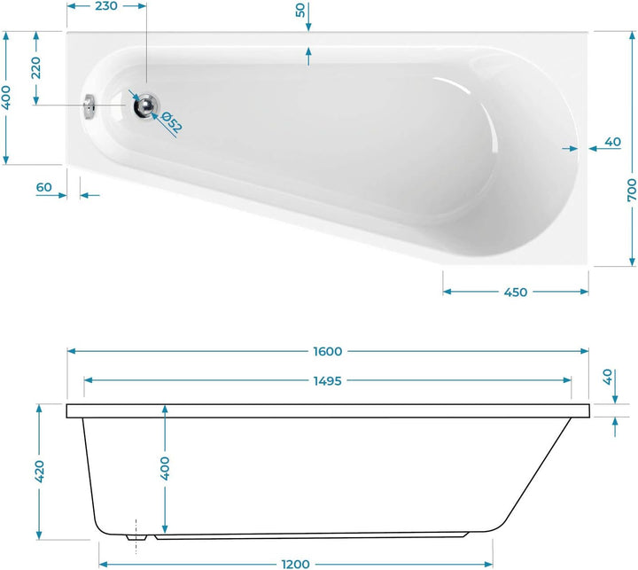 Calmwaters® Raumsparende Eckbadewanne 160x70 cm, Acrylwanne Essential Small, platzsparende Badewanne