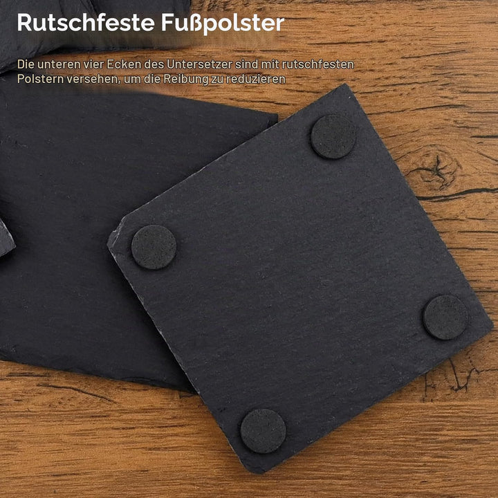 12 Stück Schiefer Untersetzer mit Halter, 10x10 cm schwarzer Glasuntersetzer eckig mit kratzfester U