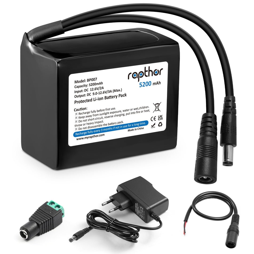 Rapthor Wiederaufladbarer 12V 5200mAh Lithium-Ionen-Akku mit 12,6V 2A Schnellladegerät und DC5521-An