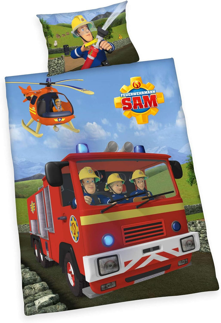 Herding FEUERWEHRMANN SAM Bettwäsche-Set, Wendemotiv, Kopfkissenbezug 40 x 60 cm, Bettbezug 100 x 13