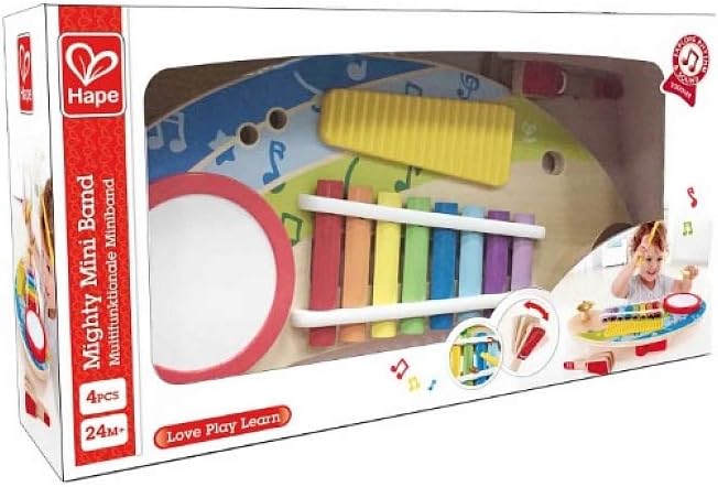 Hape Multifunktionale Miniband, Musikspielzeug für Kleinkinder mit Trommel, Xylophon, Becken, Scratc