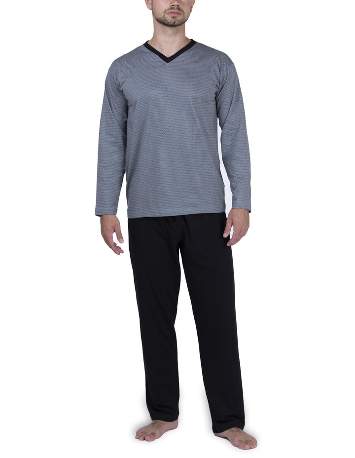 Moonline - Herren Schlafanzug lang aus 100% Baumwolle mit V-Ausschnitt und Streifen-Design M Grau, M