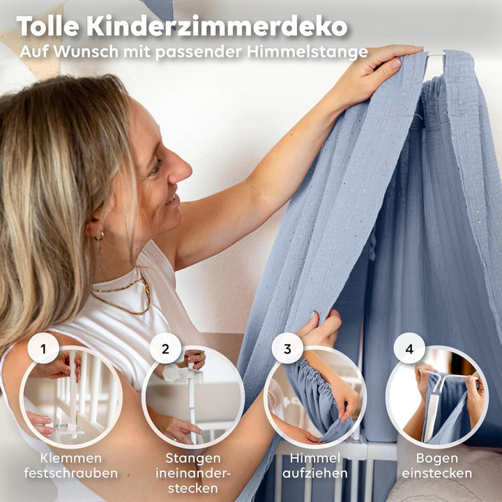 Betthimmel Babybett mit Goldapplikationen [in 12 Farben] Himmel Babybett aus 100% Baumwolle Musselin