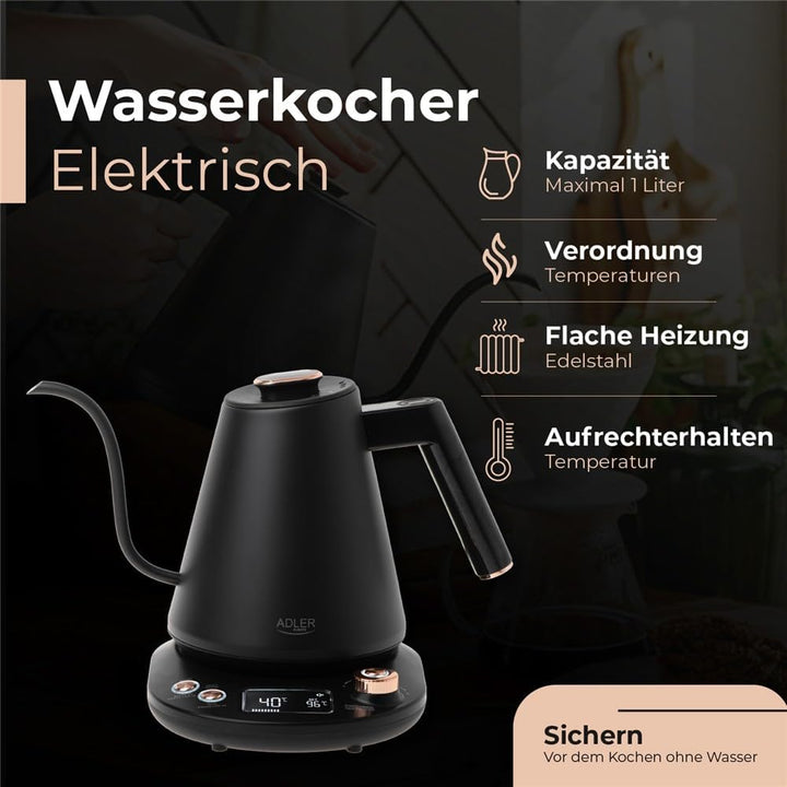 ADLER EUROPE AD 1349 Wasserkocher 1L – Schwarz-Gold, LED-Temperaturanzeige, 900W, Temperaturregulier