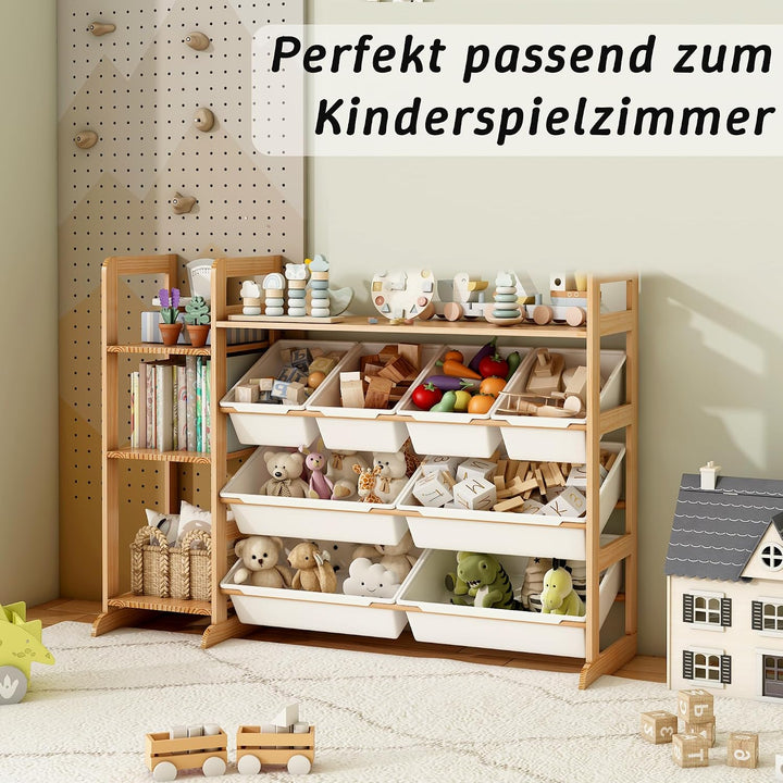 Spielzeug-Organizer mit 4 Regalen und 8 Behältern, Kinderschrank Holz Bücherregal für Kinder Aufbewa