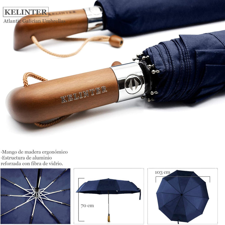 Automatischer Klappschirm - 10 Verstärkte Streben, Teflon 300T, Windsicher, Holzgriff Ergonomisch, K