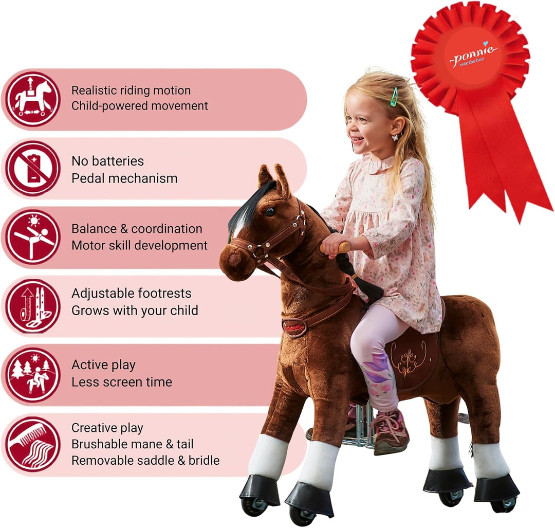 PONNIE Reitpferd mit Rollen Happy S (3-6 Jahre), Spielpferd zum Reiten mit Abnehmbarer Braun Sattel