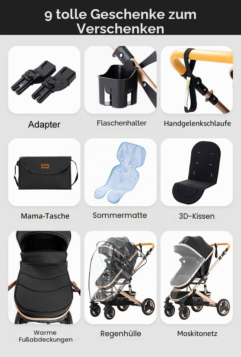 YAZOCO kinderwagen 3 in 1,Kombikinderwagen reisesysteme mit tragbar Moskitonetz Regenschutz Fusssack
