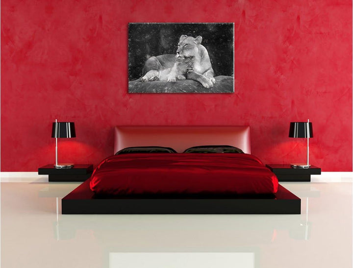 Pixxprint Löwe Löwenjungen / 100x70cm Leinwandbild bespannt auf Holzrahmen/Wandbild Kunstdruck Dekor