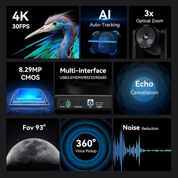 Tenveo 4K PTZ-Konferenzkamera-System mit Bluetooth-Lautsprecher, 3-Fach optischem Zoom, KI-Tracking,