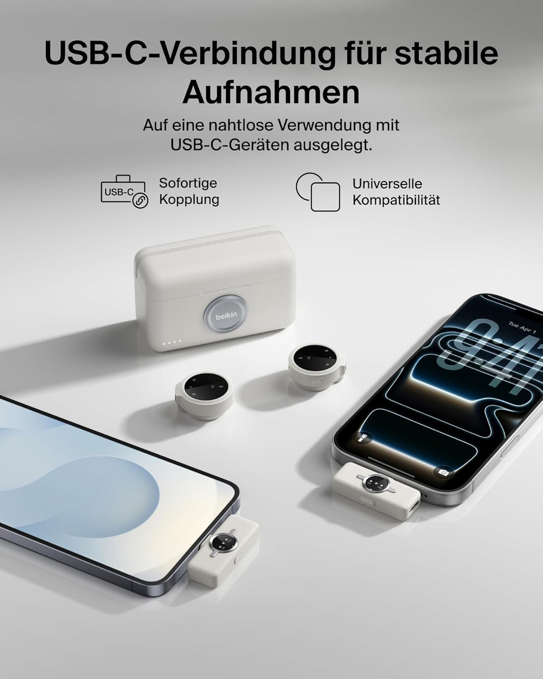 Belkin Stage Mini Mikrofon kabellos, 2er Set mit Clip für iPhone, Android, 24-Bit/48 kHz, 36 Std. Ak