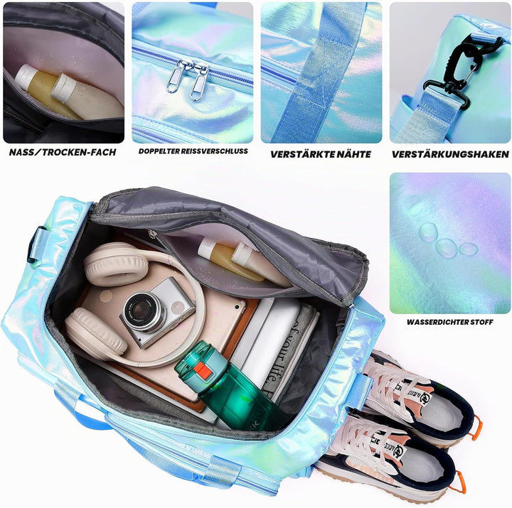 Sporttasche Damen mit Schuhfach und Nassfach, Reisetasche Damen Glitzer Gym Bag saunatasche Reisetas