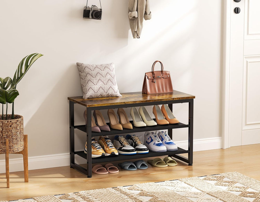 HOMIDEC Schuhregal mit 3 Ebenen, Schuhbank mit Holzplatte, Schuhregal mit Sitzbank, Regal Vliesstoff