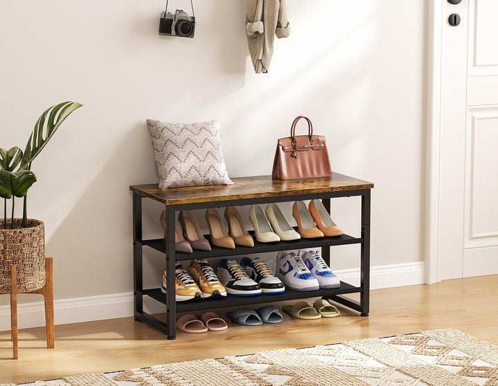 HOMIDEC Schuhregal mit 3 Ebenen, Schuhbank mit Holzplatte, Schuhregal mit Sitzbank, Regal Vliesstoff