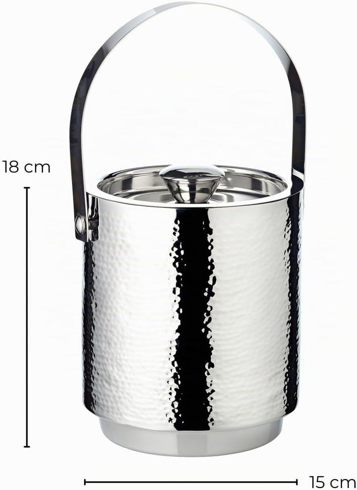 EDZARD Eiseimer Seattle (Höhe 16 cm) mit Deckel, Einsatz und Eiszange, Edelstahl fein gehämmert