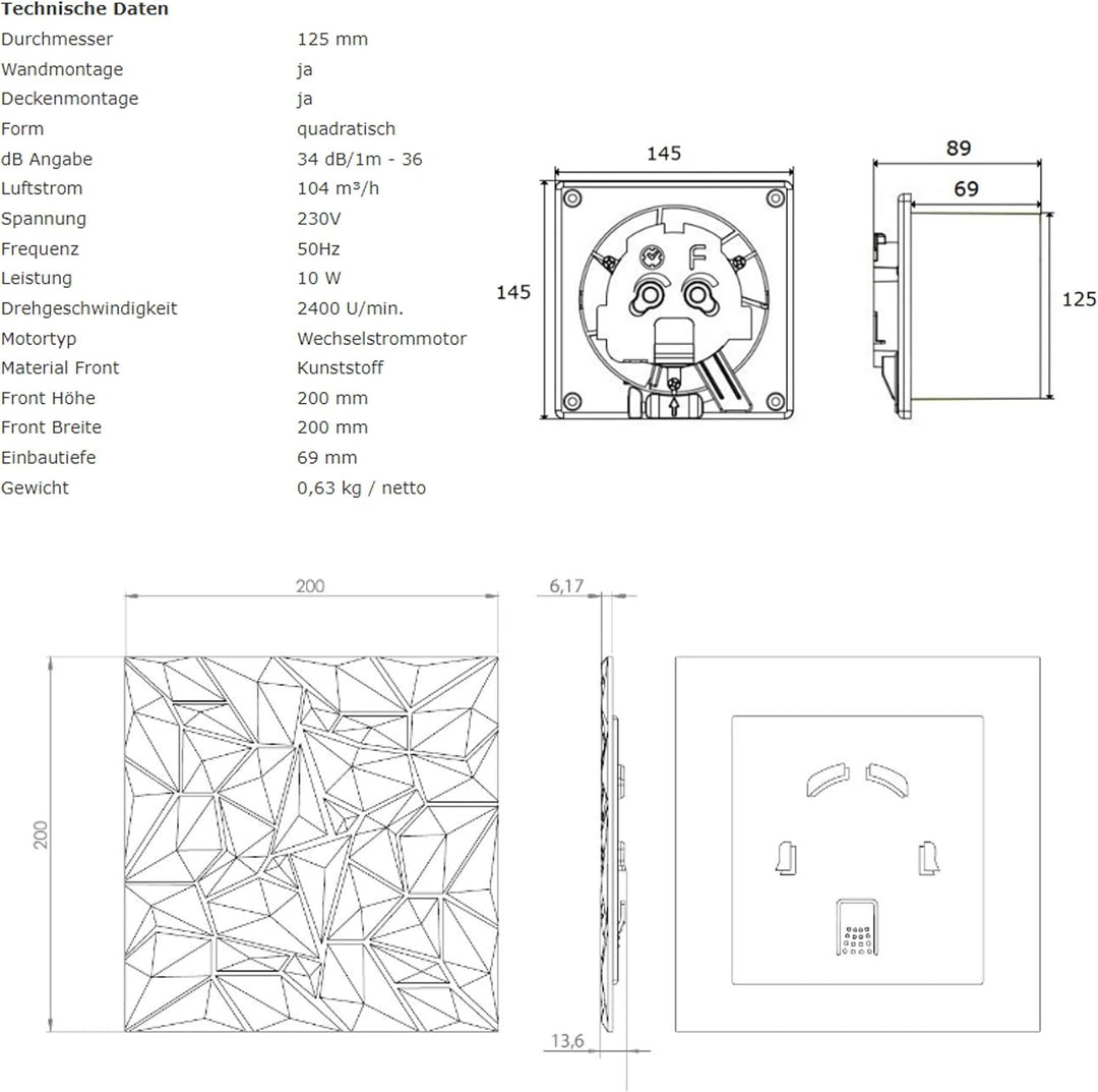 MKK Badlüfter Wohnraumlüfter Diamant Panel anthrazit Ø 125 mm Nachlauf/Timer, Ø 125 mm Nachlauf/Time