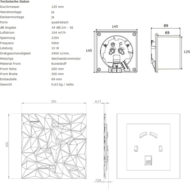MKK Badlüfter Wohnraumlüfter Diamant Panel anthrazit Ø 125 mm Nachlauf/Timer, Ø 125 mm Nachlauf/Time