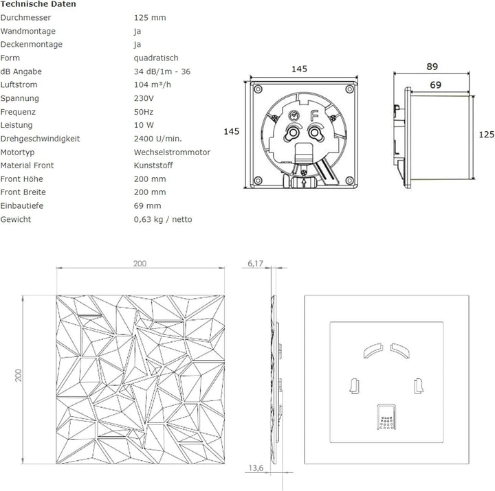 MKK Badlüfter Wohnraumlüfter Diamant Panel anthrazit Ø 125 mm Standard, Ø 125 mm Standard