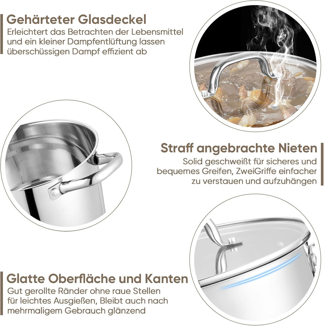 26cm Kochtopf, Onader 3-Lagiger Boden Edelstahl Topf Induktion mit Glasdeckel, 7,5L Gross Nudeltopf