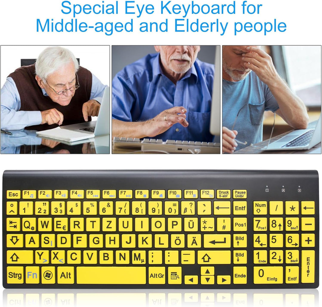 Kabellose Tastatur und Maus Set mit Grossen Buchstaben (Deutsches QWERTZ) für Senioren & Sehbehinder