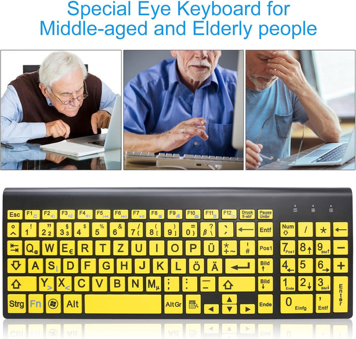 Kabellose Tastatur und Maus Set mit Grossen Buchstaben (Deutsches QWERTZ) für Senioren & Sehbehinder