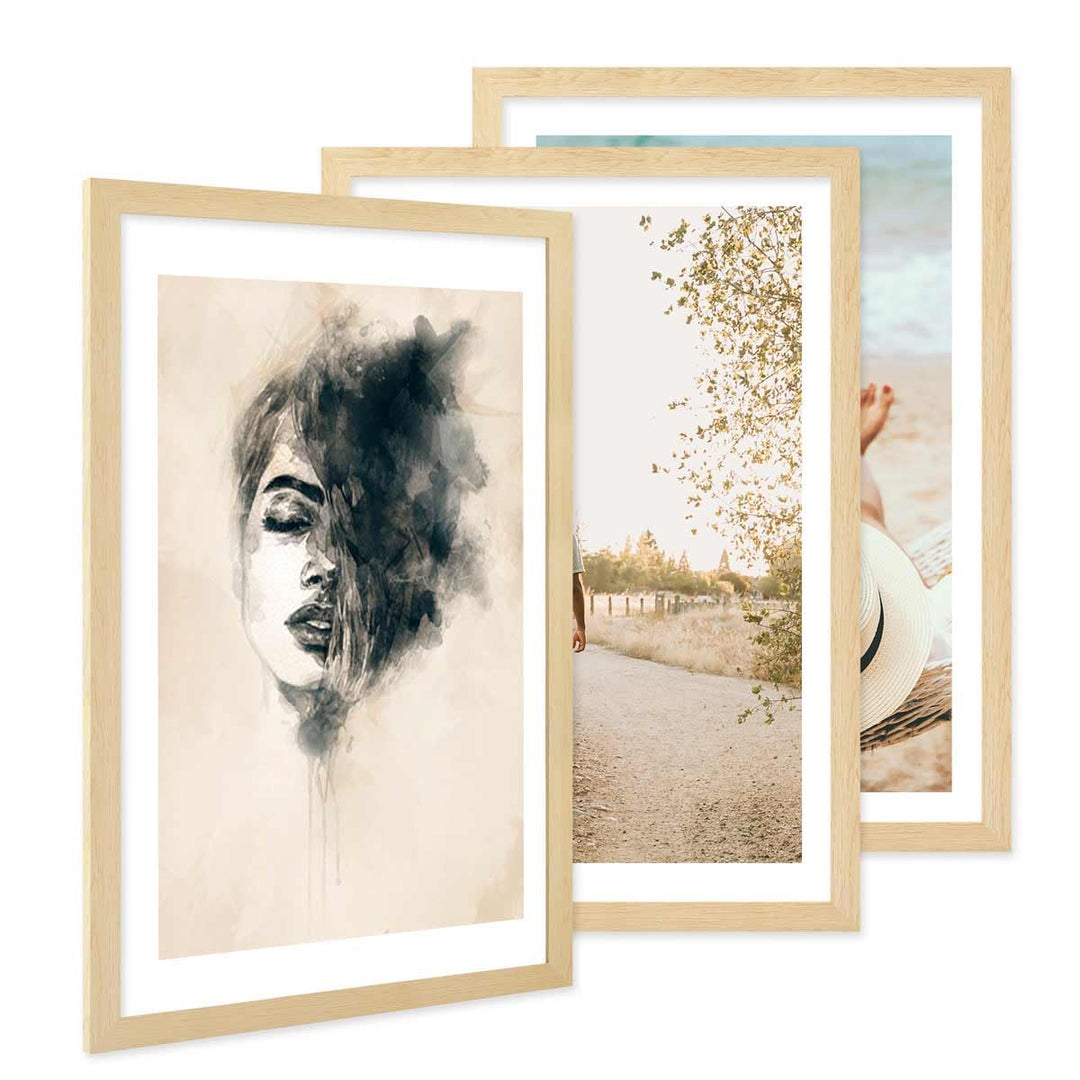 PHOTOLINI Bilderrahmen 40x60 Holz MDF Natur, 3er Set breite 40x60 cm Bilderrahmen mit bruchsicheres