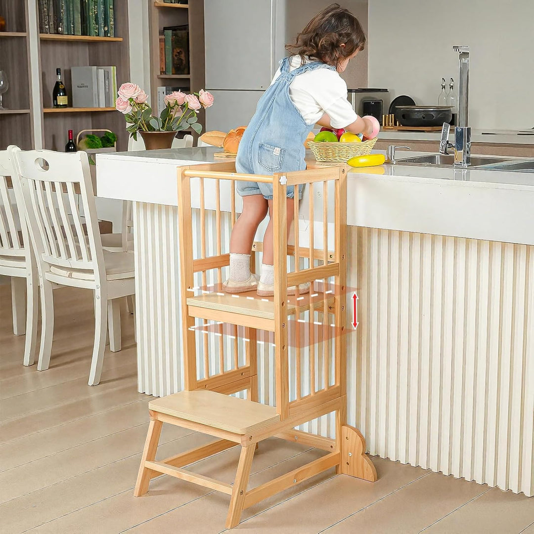 Toddler Tower Kleinkind-Turm, Tritthocker Lernhocker mit Maltafel, Sicherheitszaun & Kippschutz aus
