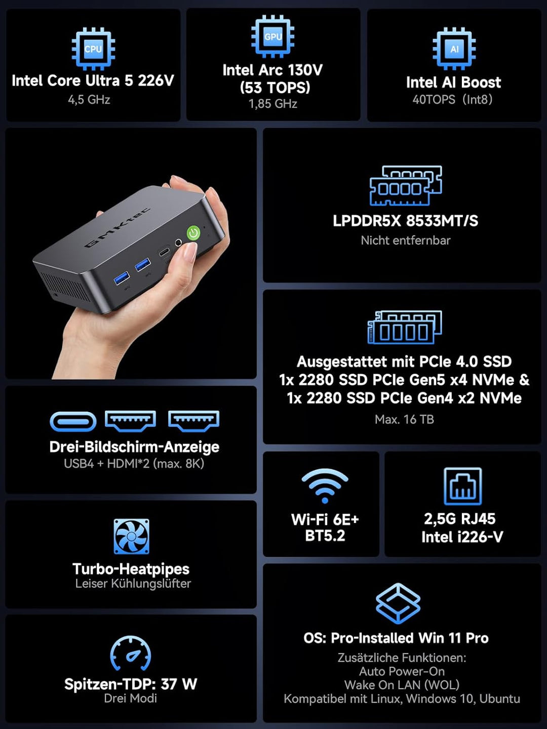 GMKtec K17 AI Mini PC, Intel Core Ultra 5 226V (bis zu 4,5 GHz), 16 GB LPDDR5X 8533 MT/s, 512GB PCIe