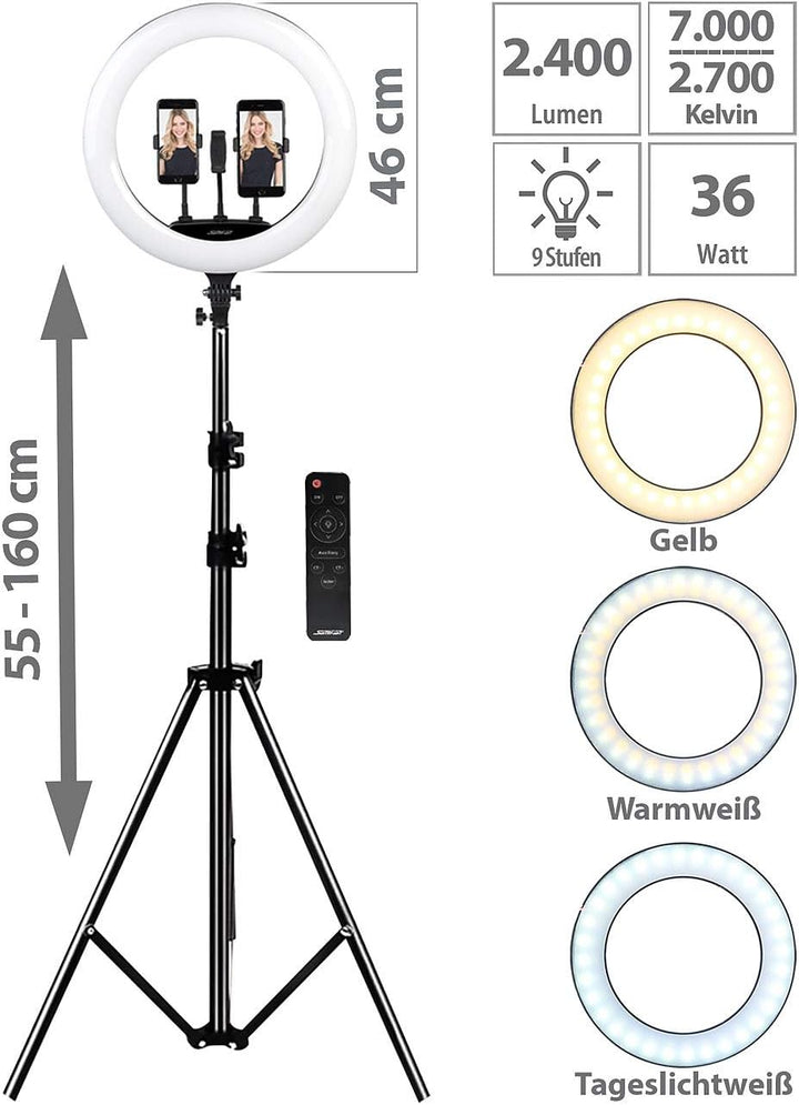 Somikon Videoleuchte: XL-LED-Ringlicht mit Smartphone-Halter, Ø 46 cm, USB-Port, dimmbar (LED Ringle