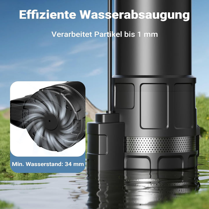 Wiltec Tauchpumpe mit Trockenlaufschutz und Schwimmerschalter 1200 W, Tiefbrunnenpumpe 6000 l/h, Was