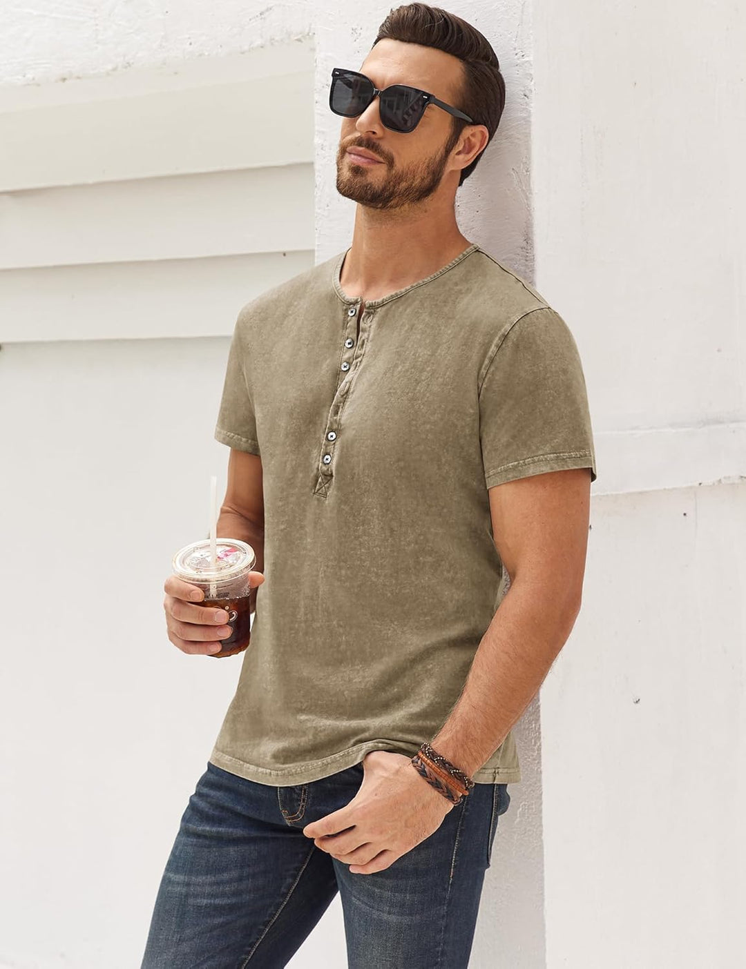 Hemd Herren Langarm/Kurzarm Henley Shirt Männer Freizeithemd Vintage Casual Leicht Baumwolle Slim Fi