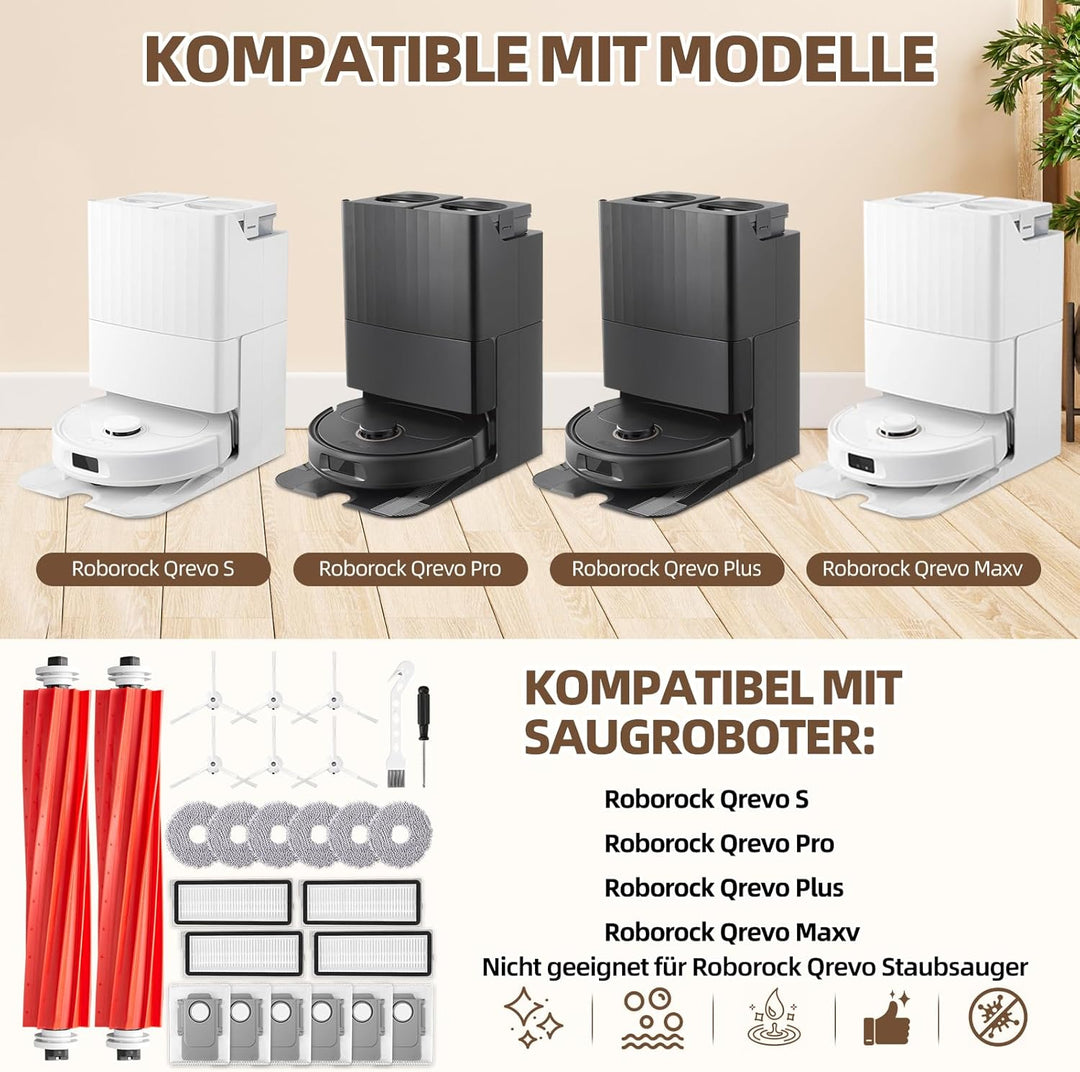 26 Stück Zubehörset für Roborock Qrevo S/Qrevo Pro/Qrevo Maxv Saugroboter, Ersatzubehör 2 Hauptbürst