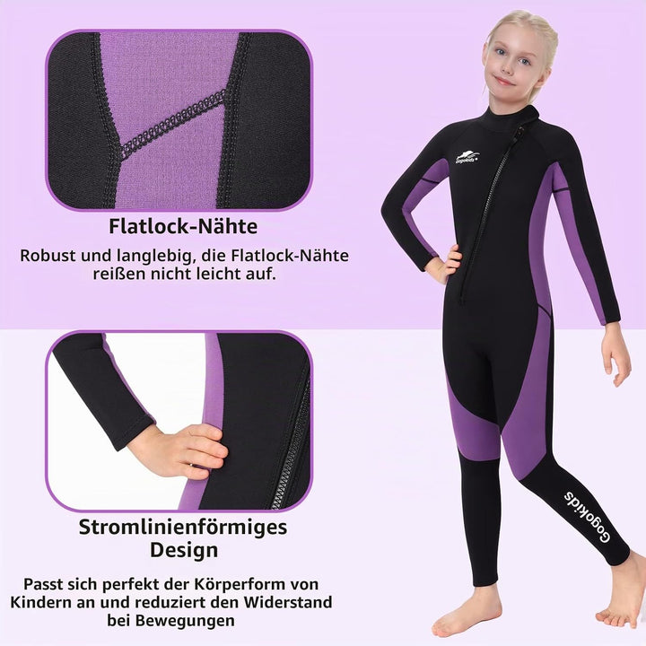 Gogokids Neoprenanzug Kinder, 8-16 Jahre Neopren Thermal Badeanzug, Front Zipper Lang Taucheranzug,