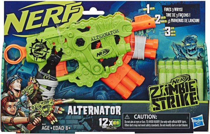 NERF Zombie Strike Alternator Blaster -- Fires 3 Ways -- Includes 12 Official Zombie Strike Elite Da