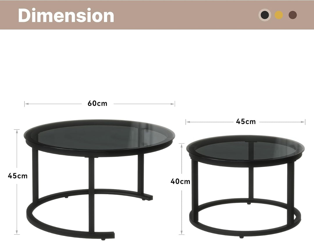 Hawthyhome 2 Stücke Beistelltisch Set rund, Couchtisch aus Glas mit Metallrahmen,Moderne Kaffeetisch