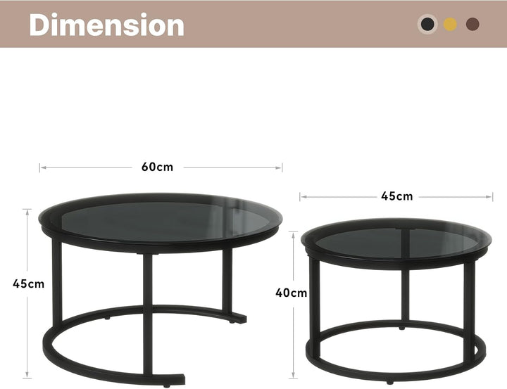 Hawthyhome 2 Stücke Beistelltisch Set rund, Couchtisch aus Glas mit Metallrahmen,Moderne Kaffeetisch