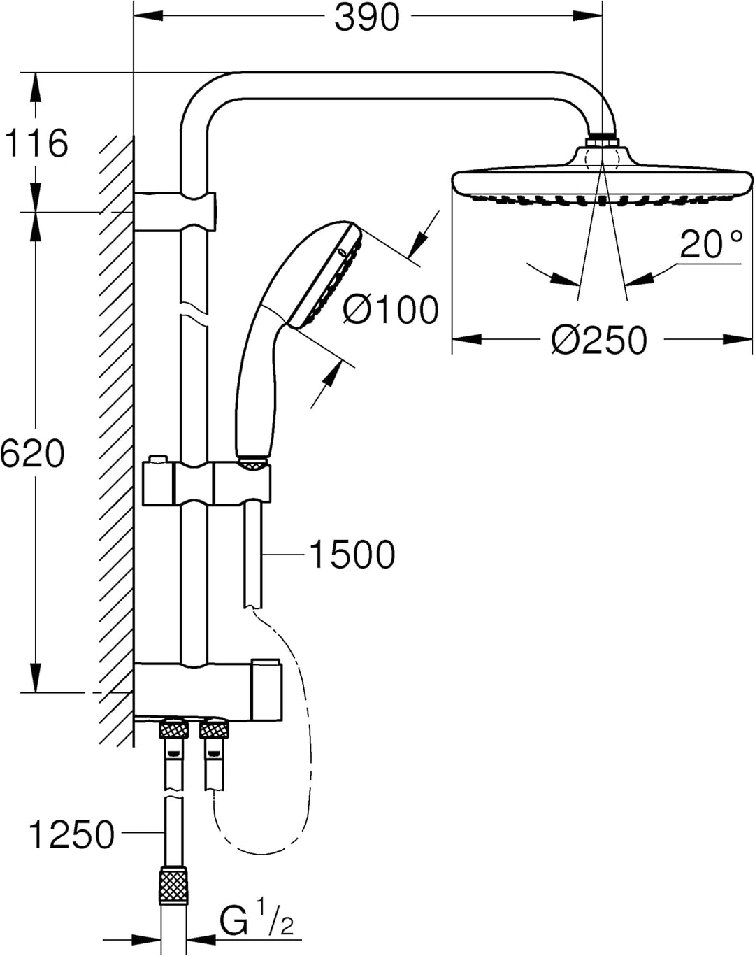 GROHE Vitalio Start System 250 - Flex Duschsystem (wassersparend, mit Umstellung für die Wandmontage