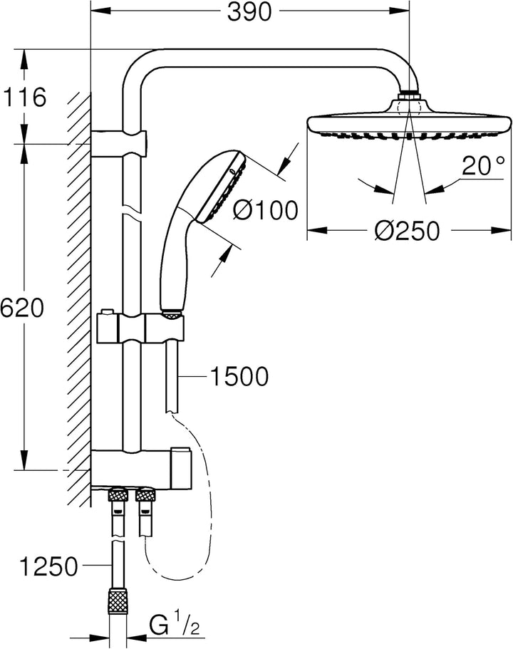 GROHE Vitalio Start System 250 - Flex Duschsystem (wassersparend, mit Umstellung für die Wandmontage
