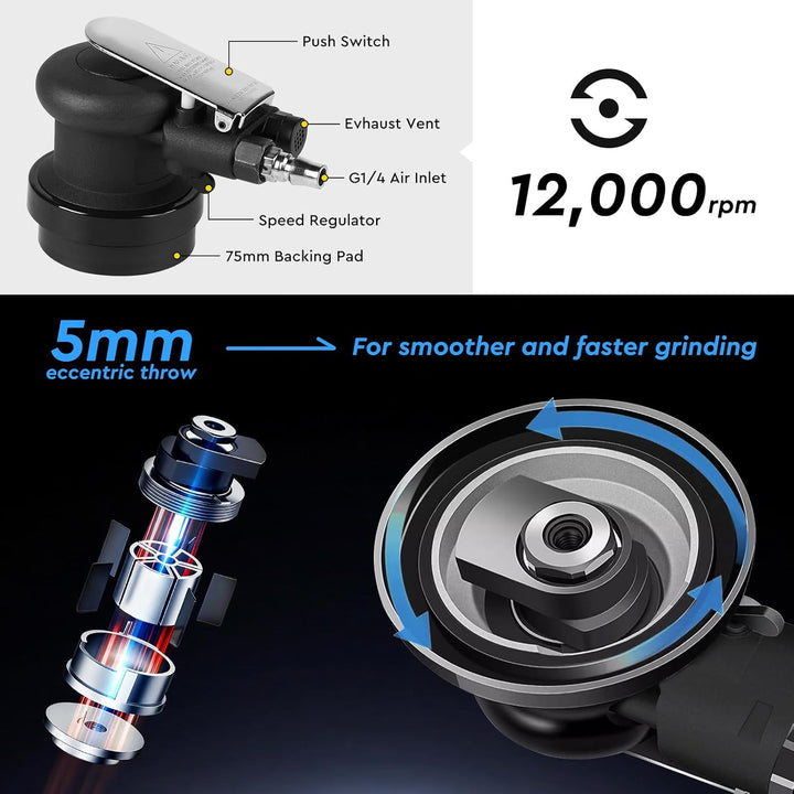 Druckluft Exzenterschleifer 75mm, Leerlaufdrehzahl 12000RPM, Exzenterhub 5 mm, Mini Druckluftschleif