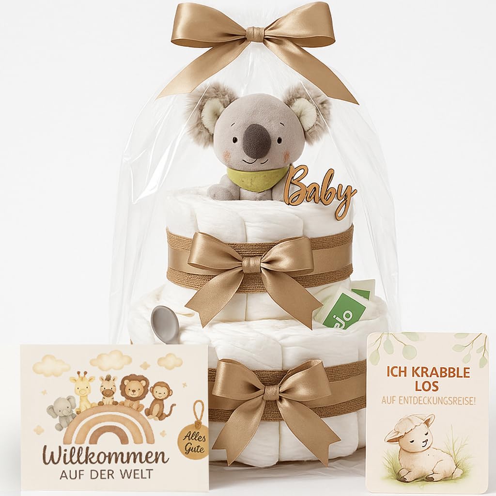 Windeltorte Mädchen & Junge mit Koala Greifling - Boho Vintage [Handmade] – Baby Geschenk zur Geburt