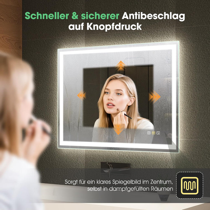 S'bagno Bluetooth-Badspiegel-mit-Beleuchtung-80x60cm, LED-Badezimmerspiegel mit Entfoggen, 3000K-650
