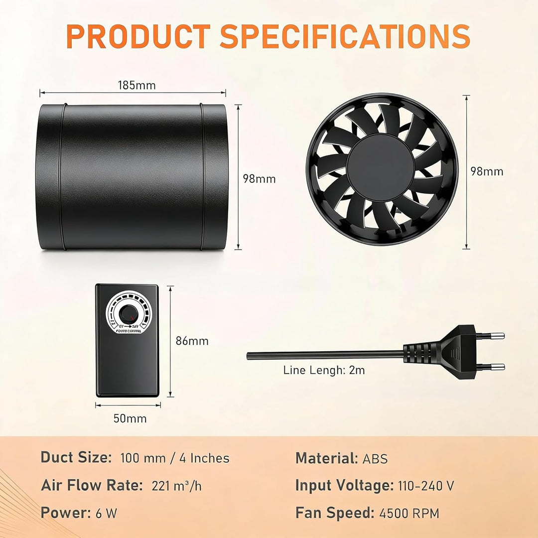 100mm Inline-Rohrventilator Regelbar, 221 m³/h Rohrlüfter für Effiziente Luftzirkulation, Leiser Abl
