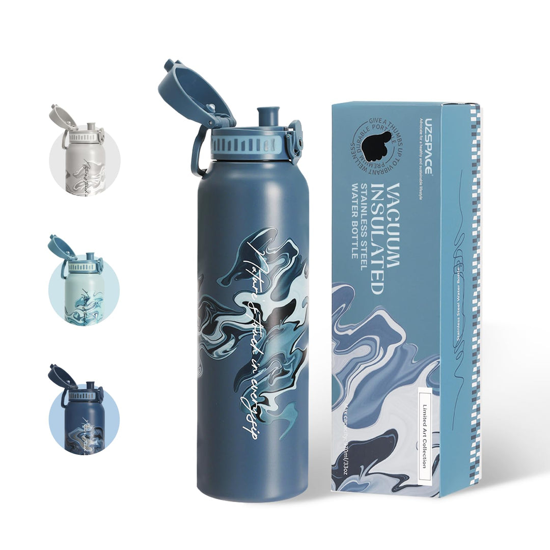 UZSPACE Edelstahl Trinkflasche 1l (970ml), Isolierte Thermosflasche mit 1-Klick-Öffnung, 100% Auslau