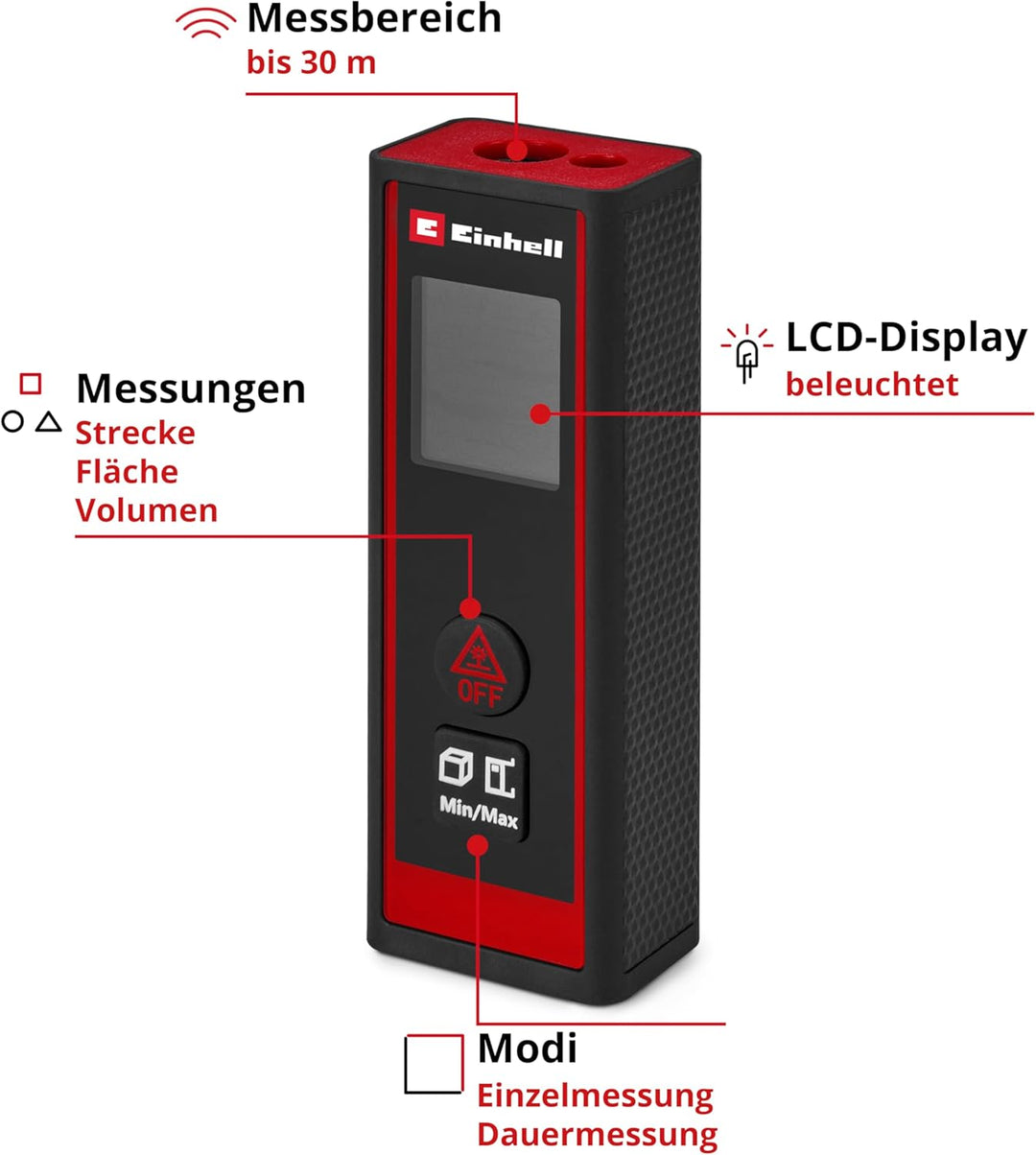 Einhell Laser Entfernungsmesser TC-LD 30 R (30 m max. Messbereich, Messmodi Distanz, Fläche, Volumen