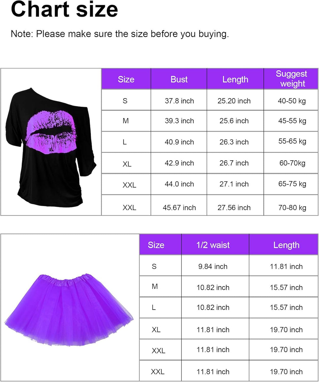 80 Jahre Kostüm Zubehör Set, T-Shirt Tutu Stirnband Ohrring Halskette Beinlinge XS Violett, XS Viole